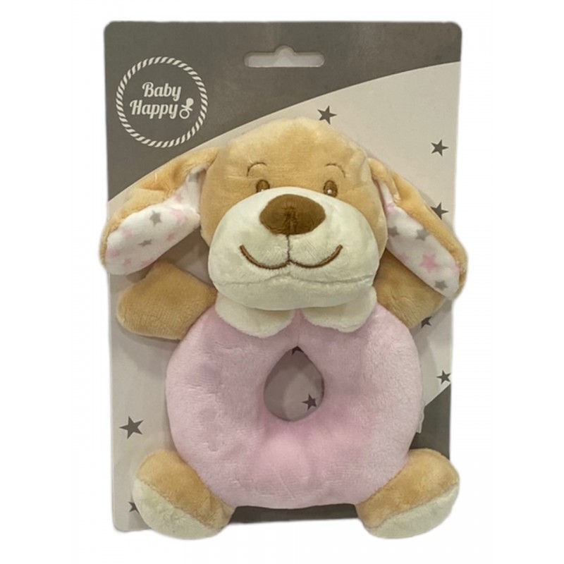 Poupée hochet bébé chiot rose