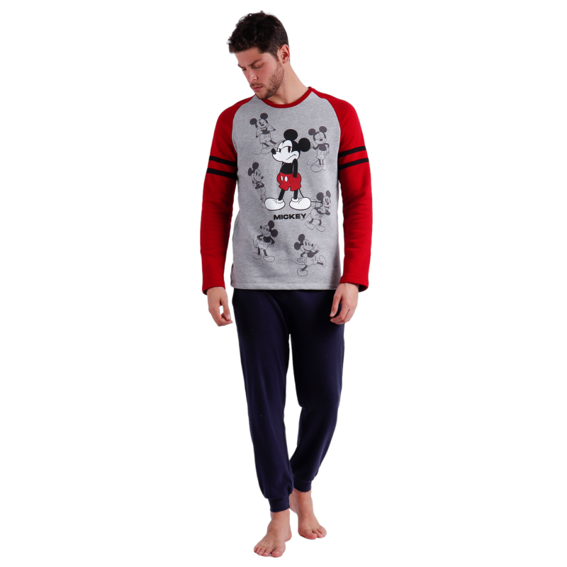 Pijama Hombre Invierno MICKEY MOUSE Gris Jaspe y Rojo