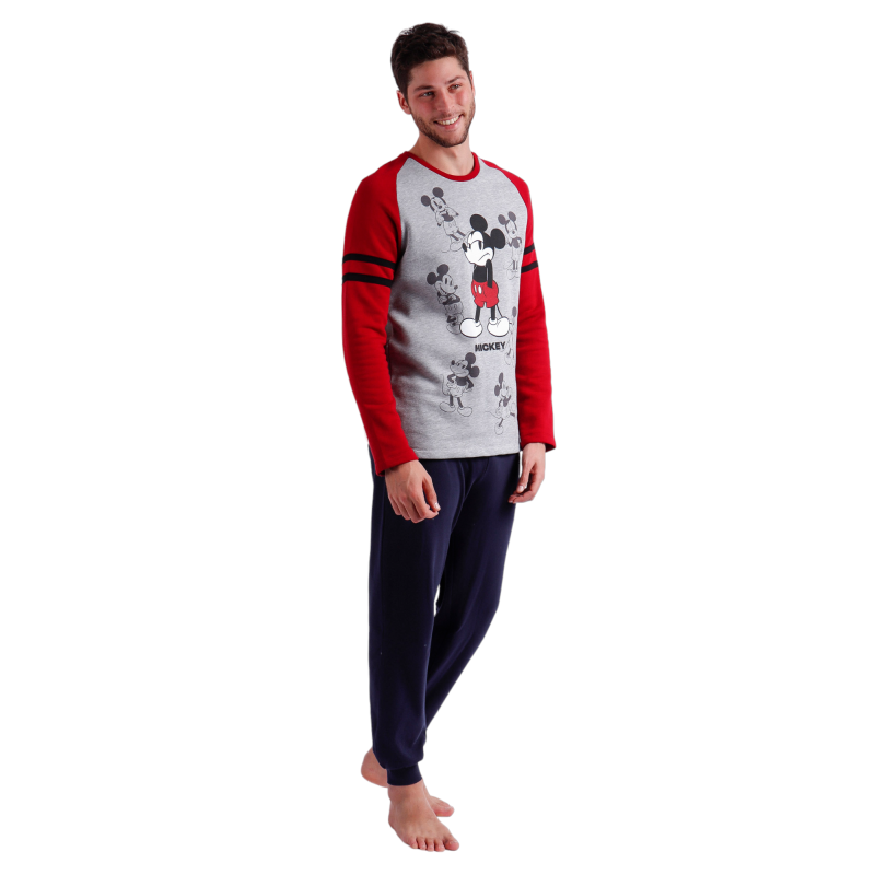 Pijama Hombre Invierno MICKEY MOUSE Gris Jaspe y Rojo