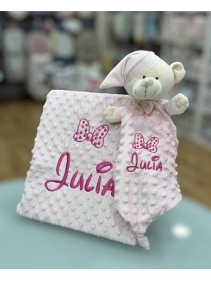 Rosa Babydecke und Dou-Dou-Pack mit Fuchsia-Stickerei 2