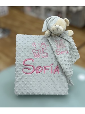 Confezione Manta e Dou Dou Baby Color GRIS ricamato ROSA