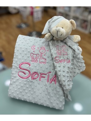 Confezione Manta e Dou Dou Baby Color GRIS ricamato ROSA 2