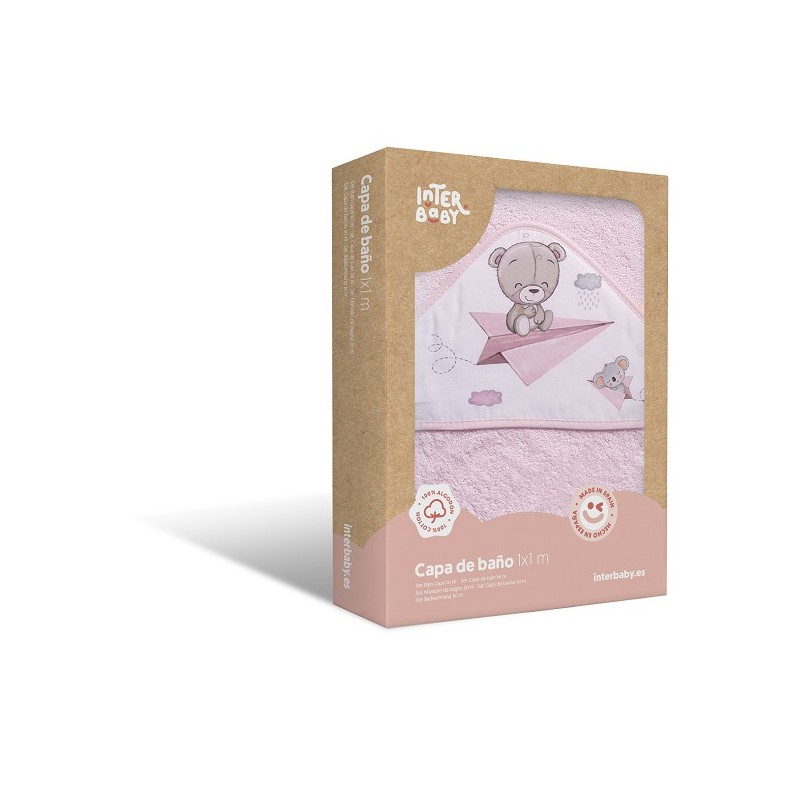 Capa de Baño y Babero Bebé Osito y Avión INTERBABY Rosa