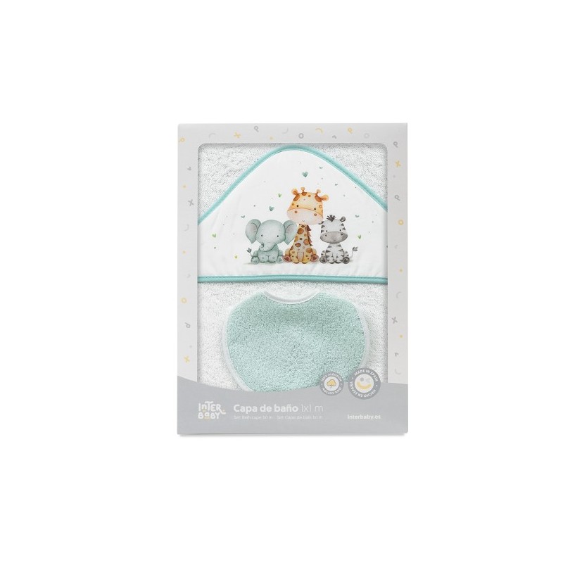 Capa de Baño y Babero Bebé Animales Babys INTERBABY Blanco y Menta