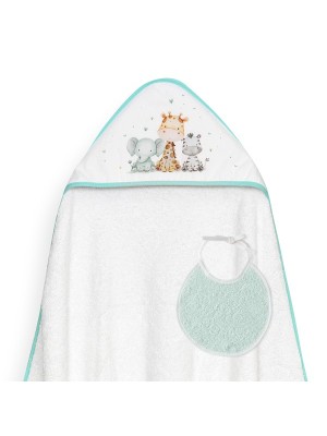 Capa de Baño y Babero Bebé Animales Babys INTERBABY Blanco y Menta