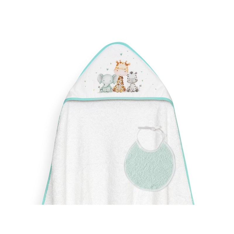 Capa de Baño y Babero Bebé Animales Babys INTERBABY Blanco y Menta