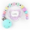 Cajita Chupete Baby Malva + Cadenita de silicona Turquesa multicolor personalizados