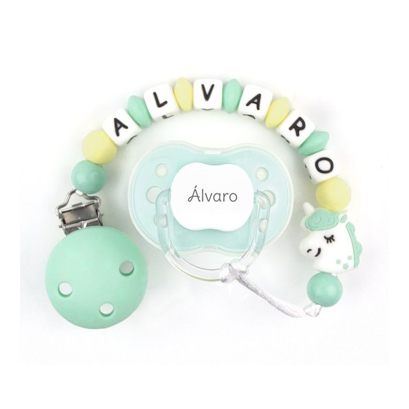 Chupete Menta + Cadenita Silicona Unicornio Menta personalizada