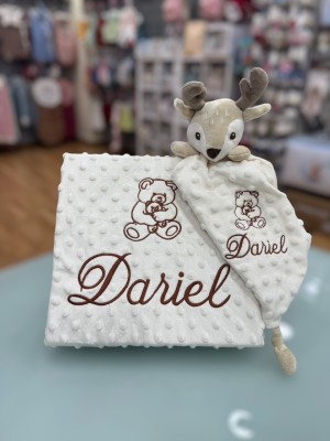 Copertina bebè BEIGE e confezione Dou Dou con ricamo marrone 2