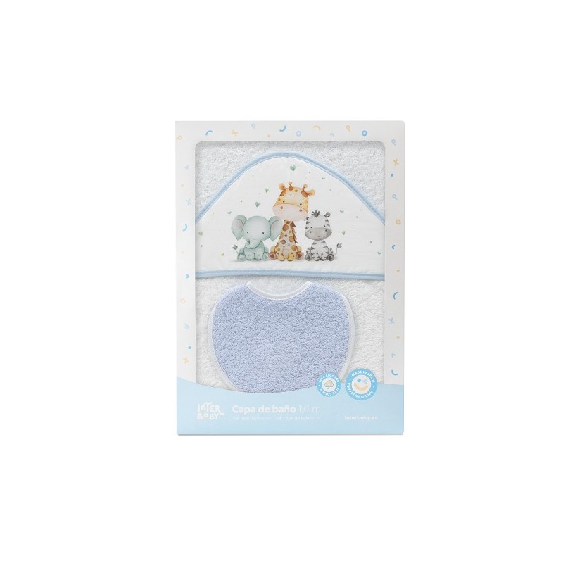 Capa de Baño y Babero Bebé Animales INTERBABY Blanco y Azul