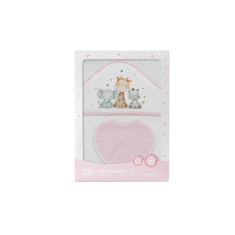 Capa Baño y Babero Bebé Animales INTERBABY Blanco/Rosa