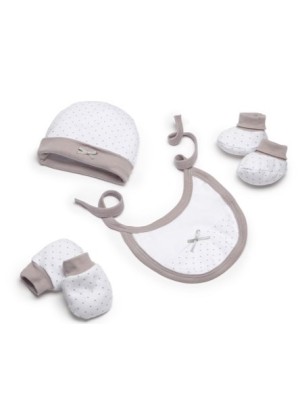 Set Regalo Bebé 4 Piezas Puntitos Gorro + Patucos + Manoplas + Babero INTERBABY Beig