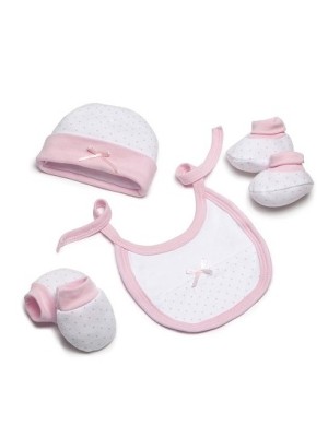 Set Regalo Bebé 4 Piezas Puntitos Gorro + Patucos + Manoplas + Babero INTERBABY ROSA