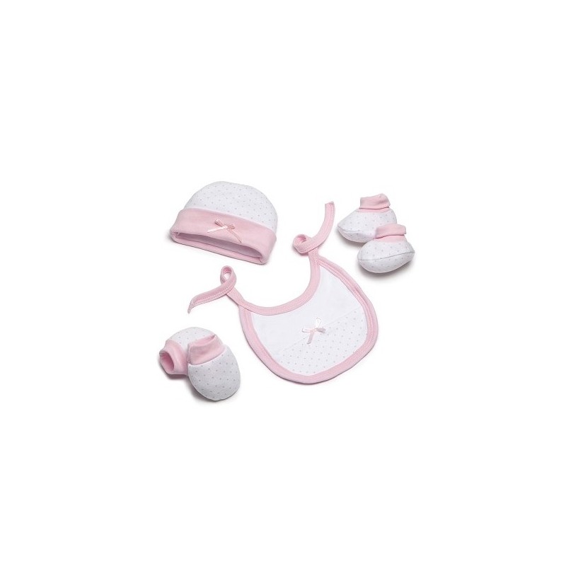 Set Regalo Bebé 4 Piezas Puntitos Gorro + Patucos + Manoplas + Babero INTERBABY ROSA