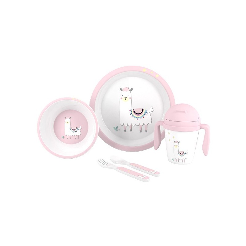 Set Mi Primera Vajilla 5pcs LLAMA Rosa Interbaby