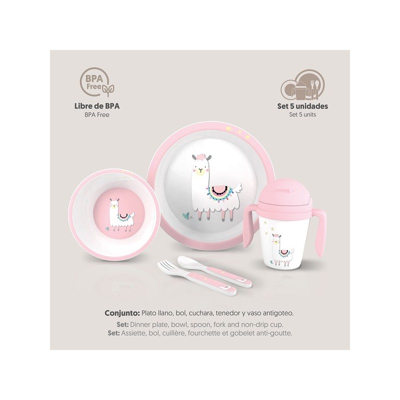 Set Mi Primera Vajilla 5pcs LLAMA Rosa Interbaby