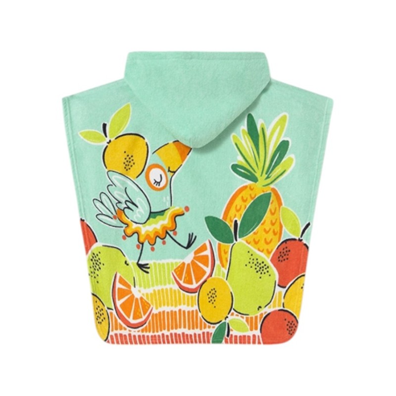 Toalla Playa con Capucha Bebé MAYORAL – Color Agua con Motivos Frutales y Loro 🏝️🦜