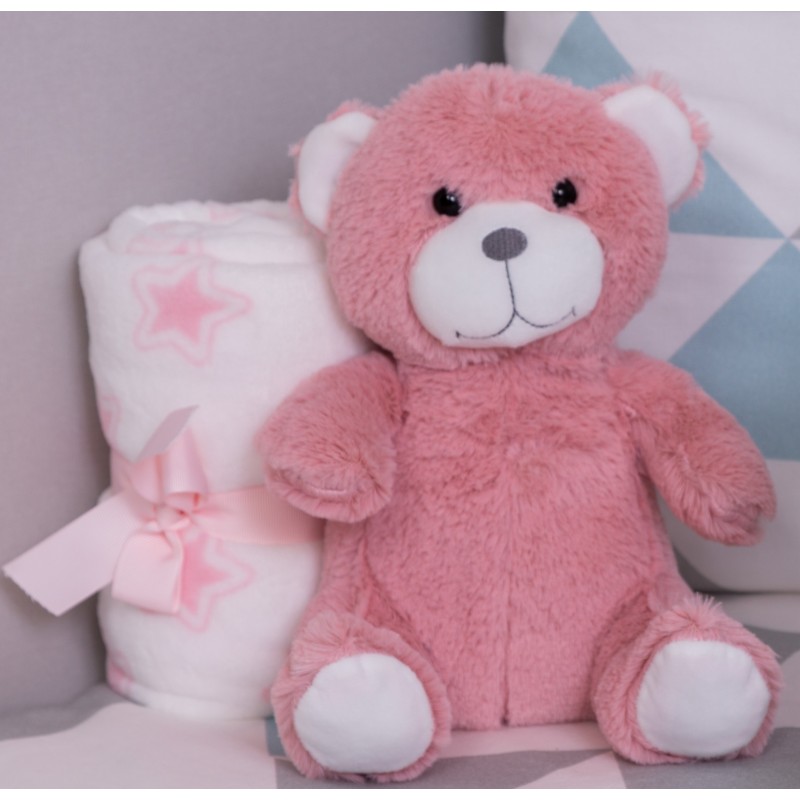 Peluche Osito + Manta Coralina en caja Regalo color ROSA