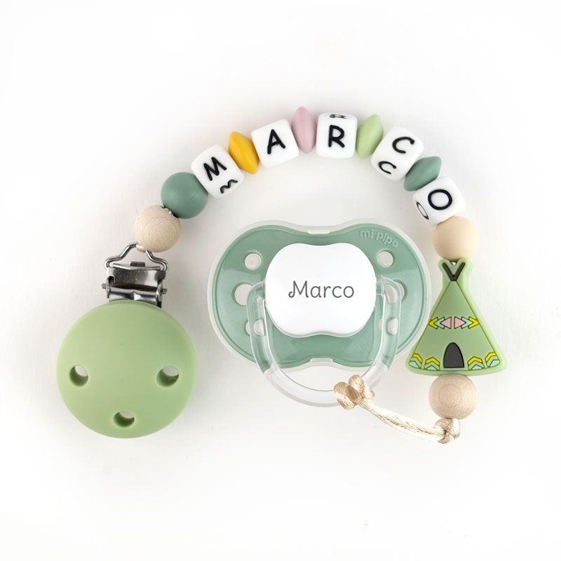 Chupete Verde + Cadenita Silicona Tipi Menta personalizada