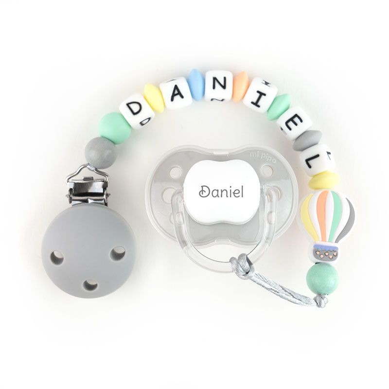 Chupete Gris + Cadenita Silicona Globo Gris personalizada