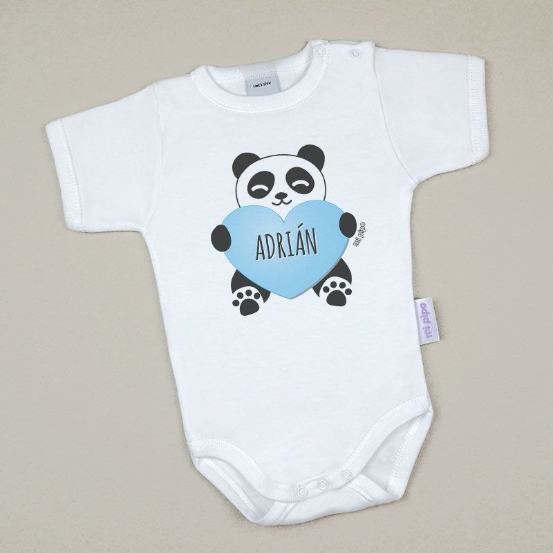 Body Baby Personalisiert mit Gedrucktem Namen Panda Heart Blue