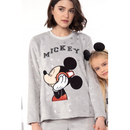 guisante salida Navidad Pijama DISNEY Mickey Mouse Mujer Invierno Coralina Gris
