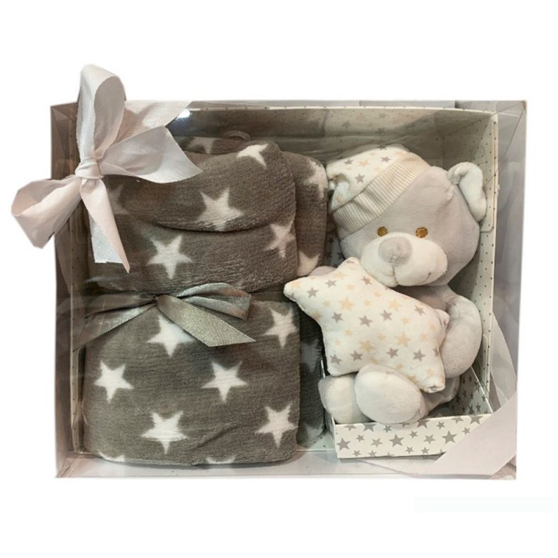 Set De Bebé Osito De Peluche Con Manta Estrellas 80x110cm GRIS