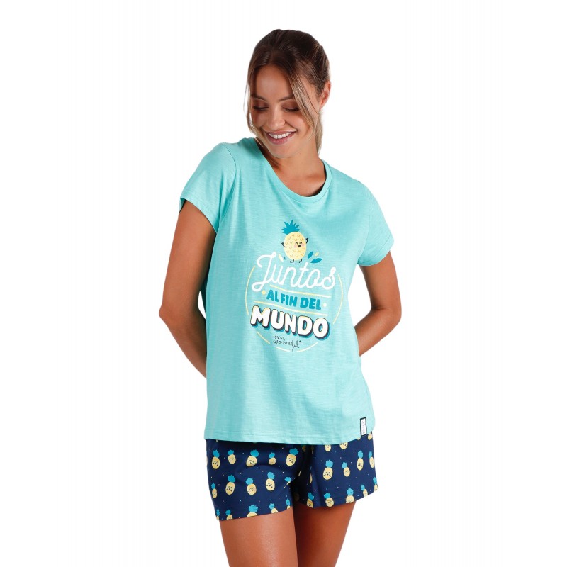 Pijama Verano Mujer MR WONDERFUL Color Turquesa Algodón