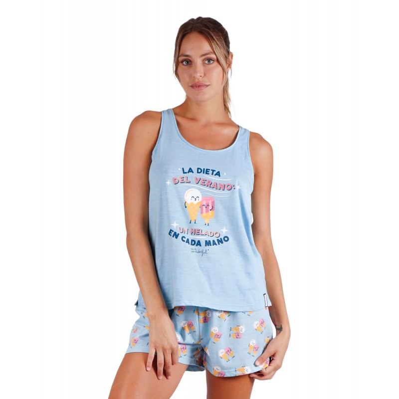 Pyjama Sommer Frau MR WONDERFUL Farbe blau Baumwolle