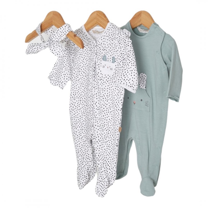 Set 2 pijamas y diadema ECOFRIENDS recién nacida niña Color Mint